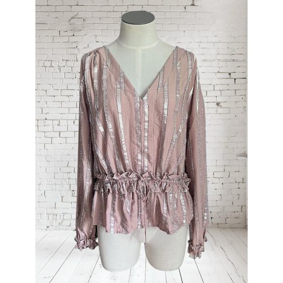 Current Air Womens Dressy Boho Metallic Striped Peplum Ruffle Blouse Size Large - Picture 2 of 8
